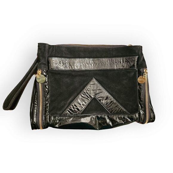 Gustto Black Patent Leather and Suede Large Wristlet Lapol Clutch - Picture 1 of 16